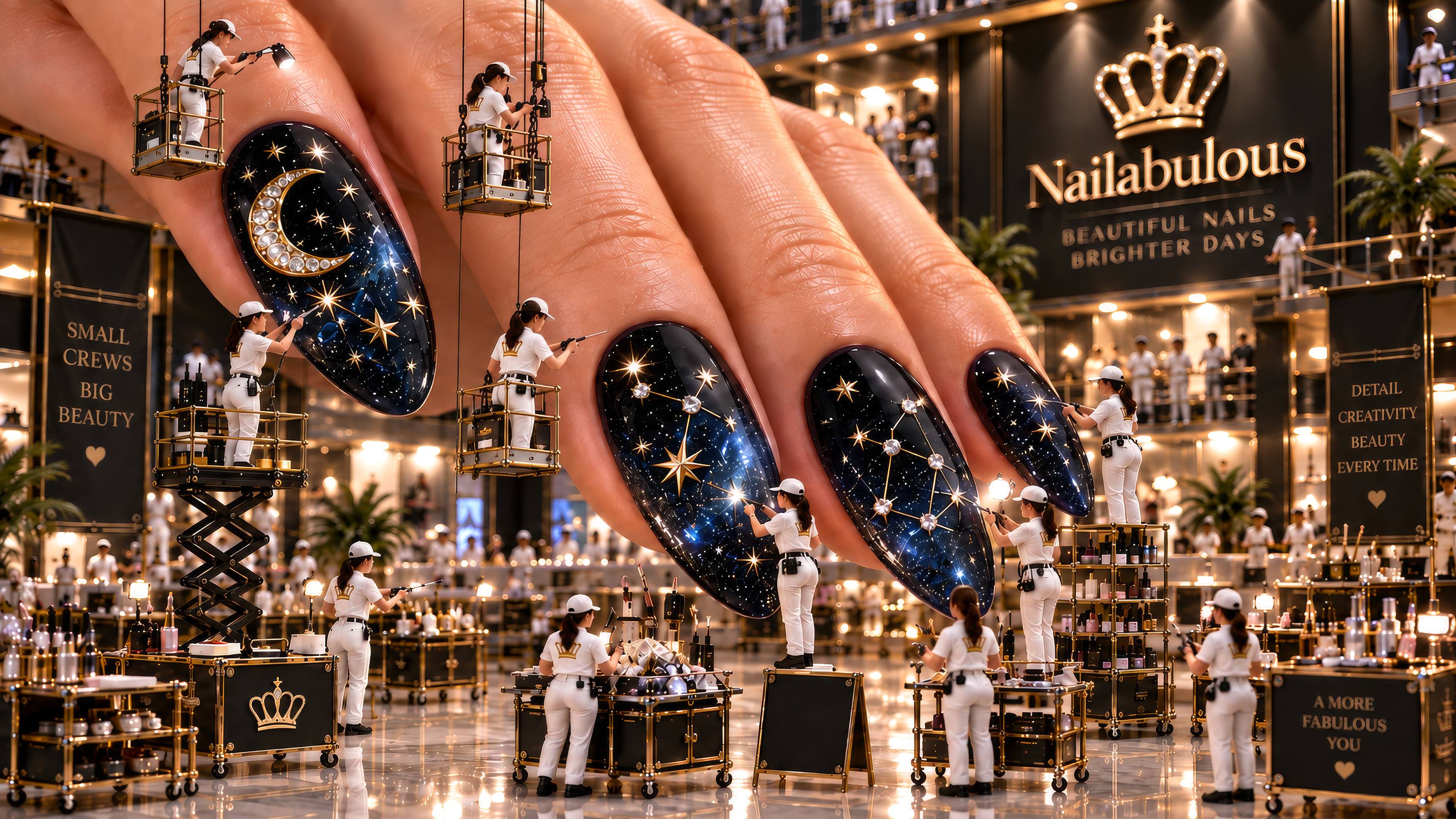 The Nailabulous factory floor: miniature crews on scaffolding hand-painting a set of celestial midnight nails, beneath the gold Nailabulous crown sign.